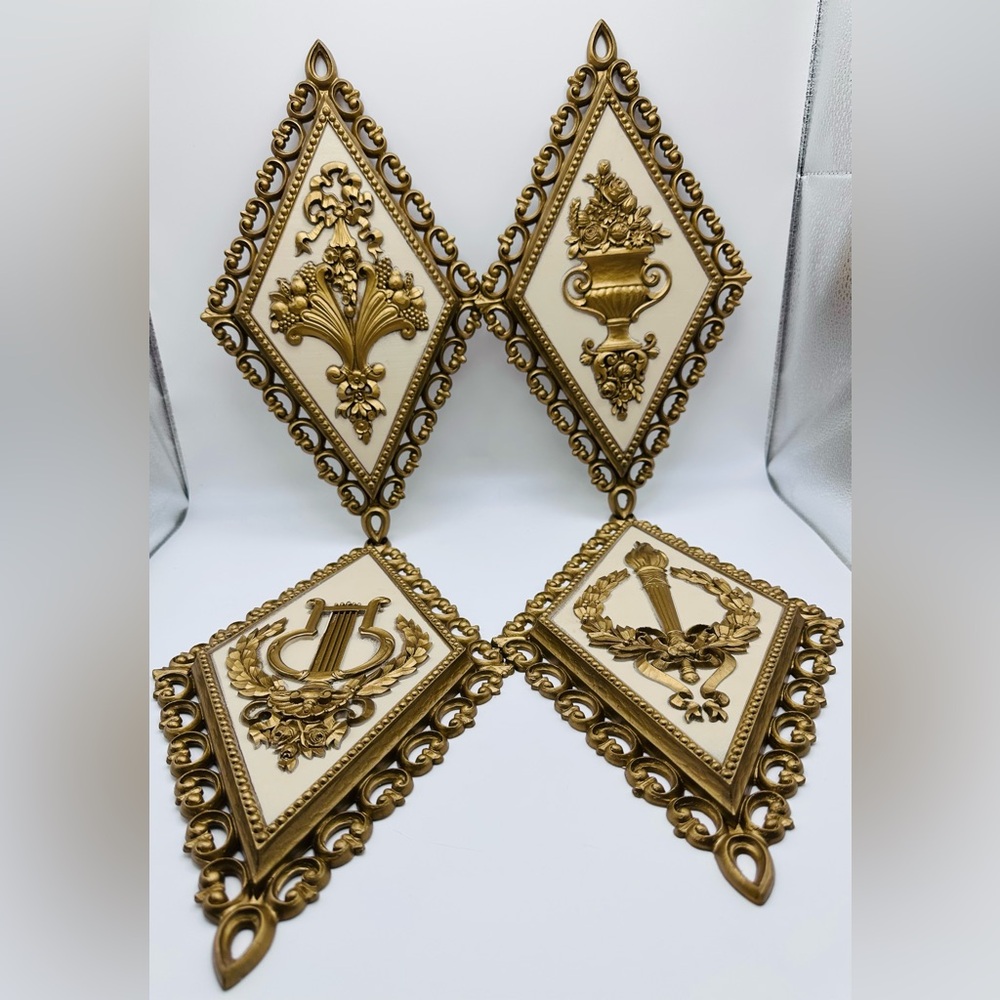 Homco Gold and Ivory Decorative Diamond Wall Plaques MCM 1971